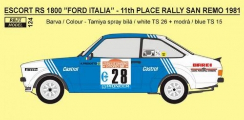 REJ0124 Decal – Ford Escort RS 1800 „FORD ITALIA“ Rallye San Remo 1981 Reji Model 1/24.