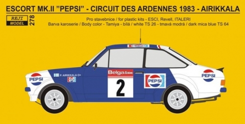 REJ0278 Ford Escort RS 1800 „PEPSI“ - Circuit des Ardennes - Airikkala / Piironen Reji Model 1/24.