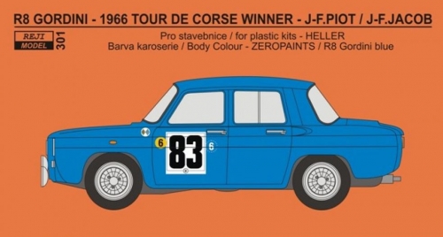 REJ0301 Decal – Renault R8 Gordini - Tour De Corse 1966 winner - Piot / Jacob Reji Model 1/24.