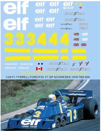 [사전 예약] TBD609 1/20 DECALS TYRRELL FORD P34 SWEDEN F1 GP 1976 SCHECKTER DEPAILLER DECAL TBD609
