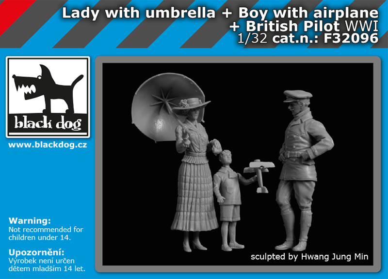 F32096 1/32 Lady with umbrella+boy with airplane+british pilot WW I