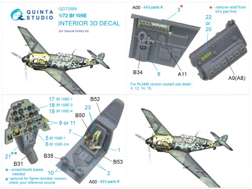 [사전 예약 ~12/8일] QD72009 1/72 Bf 109E 3D-Printed & coloured Interior on decal paper (Special Hobby)