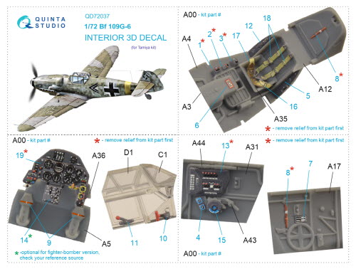 [사전 예약 ~9/26일] QD72037 1/72 Bf 109 G-6 3D-Printed & coloured Interior on decal paper (Tamiya)