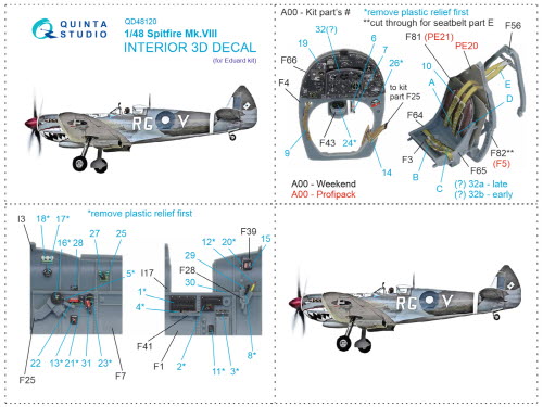 [사전 예약] QD48120 1/48 Spitfire Mk.VIII 3D-Printed & coloured Interior on decal paper (Eduard)