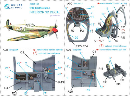 [사전 예약] QD48133 1/48 Spitfire Mk.I 3D-Printed & coloured Interior on decal paper (Eduard)