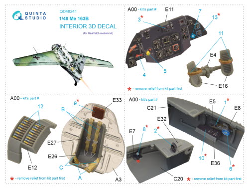 [사전 예약] QD48241 1/48 Me 163B 3D-Printed & coloured Interior on decal paper (GasPatch models)