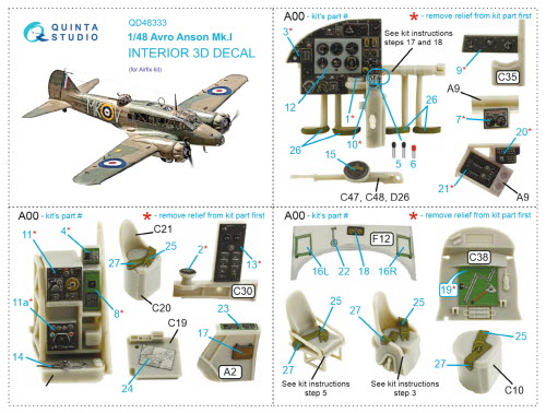 [사전 예약 ~12/8일] QDS-48333 1/48 Avro Anson Mk.I 3D-Printed & coloured Interior on decal paper (Airfix) (Small version