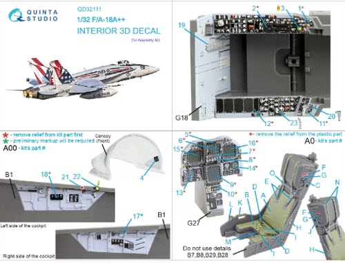 [사전 예약 ~12/8일] QD32111 1/32 F/A-18A++ 3D-Printed & coloured Interior on decal paper (Academy)