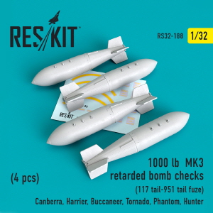 RS32-0188 1/32 1000 lb MK3 retarded bombs checks 117 tail-951 tail fuze (4 pcs) (Canberra, Harrier,