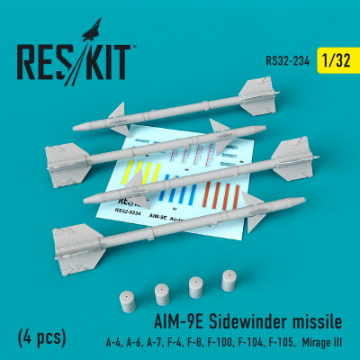 RS32-0234 1/32 AIM-9E Sidewinder missiles (4 pcs) (A-4, A-6, A-7, F-4, F-8, F-100, F-104, F-105, Mir