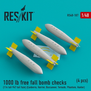 RS48-0187 1/48 1000 lb free fall bomb checks (114 tail-947 tail fuze) (Canberra, Harrier, Buccaneer,