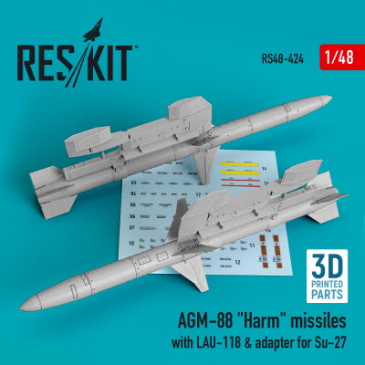 RS48-0424 1/48 AGM-88 \"Harm\" missiles with LAU-118 & adapter for Su-27 (2 pcs) (1/48)