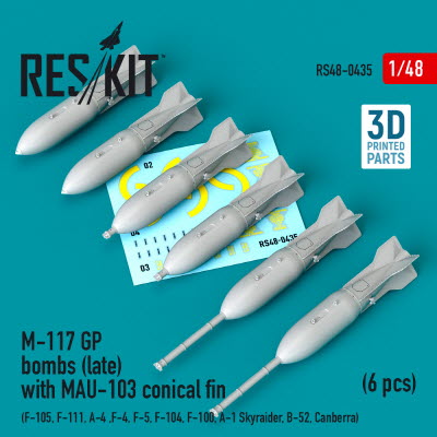 RS48-0435 1/48 M-117 GP bombs (late) with MAU-103 conical fin (6 pcs) (F-105, F-111, A-4 ,F-4, F-5,