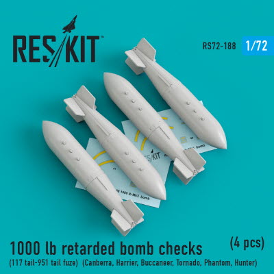 RS72-0188 1/72 1000 lb retarded bomb checks (117 tail-951 tail fuze) (Canberra, Harrier, Buccaneer,