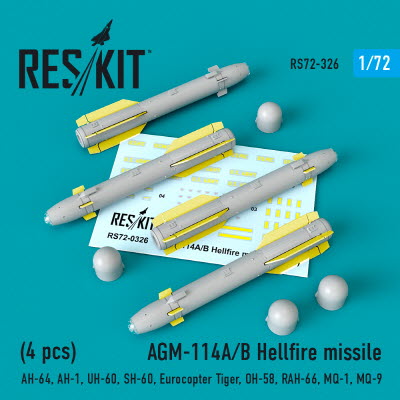 RS72-0326 1/72 AGM-114A/B Hellfire missiles (4 pcs) (AH-64, AH-1, UH-60, SH-60, Eurocopter Tiger, OH