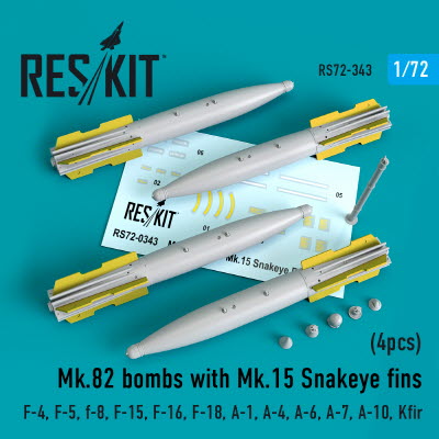 [사전 예약] RS72-0343 1/72 Mk.82 bombs with Mk.15 Snakeye fins (4pcs) (F-4, F-5, F-8, F-15, F-16, F-18, A-1, A-4