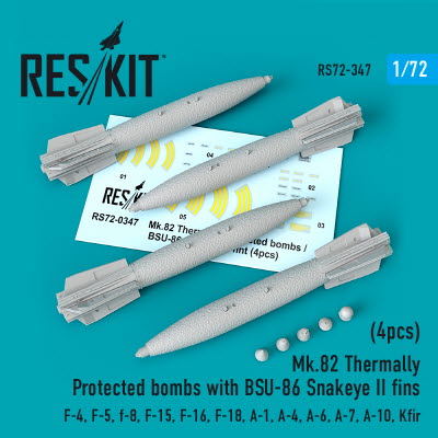 RS72-0347 1/72 Mk.82 thermally protected bombs with BSU-86 Snakeye II fins (4pcs) (F-14, F/A-18, A-6