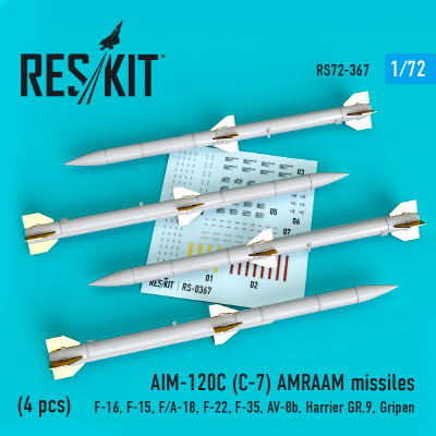 RS72-0367 1/72 AIM-120C (C-7) AMRAAM missiles (4 pcs) (F-16, F-15, F/A-18, F-22, F-35, AV-8b, Harrie