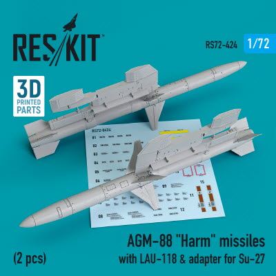 RS72-0424 1/72 AGM-88 \"Harm\" missiles with LAU-118 & adapter for Su-27 (2 pcs) (1/72)