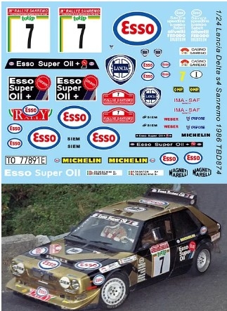[사전 예약] TBD874 1/24 Decals Lancia Delta S4 Grifone Rally Sanremo 1986 Decal TBD874