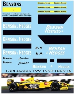 TBD916 1/24 Benson Decals Jordan 199 Hill Harald F1 1999 TB Decal TBD916