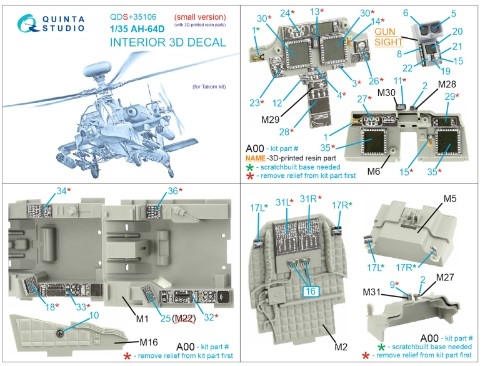 [사전 예약] QDS+35106 1/35 AH-64D 3D-Printed & coloured Interior on decal paper (Takom) (Small version) (with 3D