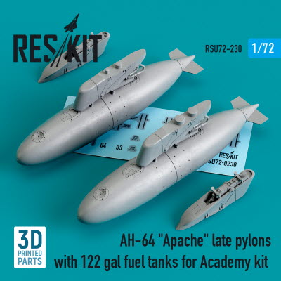RSU72-0230 1/72 AH-64 \"Apache\" late pylons with 122 gal fuel tanks for Academy kit (3D Printing) (1/