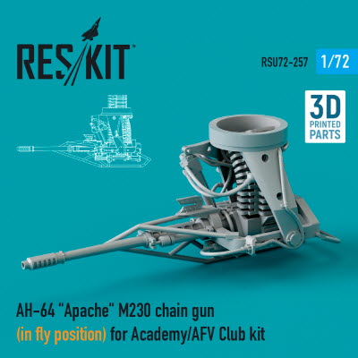 RSU72-0257 1/72 AH-64 \"Apache\" M230 chain gun (in fly position) for Academy / AFV Club kit (3D print