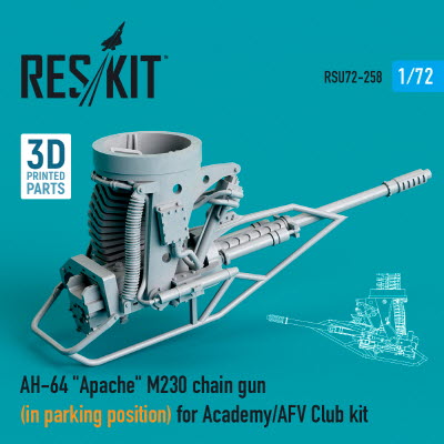 RSU72-0258 1/72 AH-64 \"Apache\" M230 chain gun (in parking position) for Academy / AFV Club kit (3D p