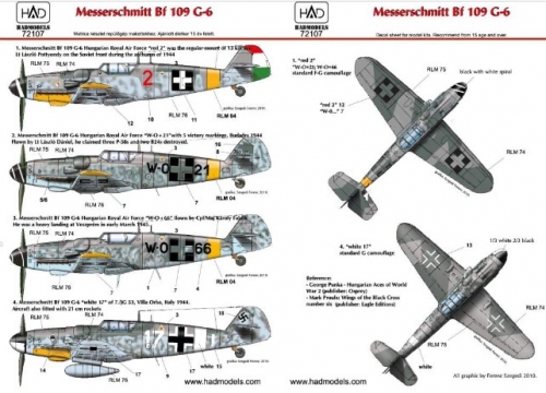 72107 1/72 72107 Messerschmitt Bf 109 G-6 Hun W0+2, W0+66, red 2, Luftwaffe white 17)