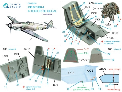 [사전 예약] QD48420 1/48 Bf 109K-4 3D-Printed & coloured Interior on decal paper (Eduard)