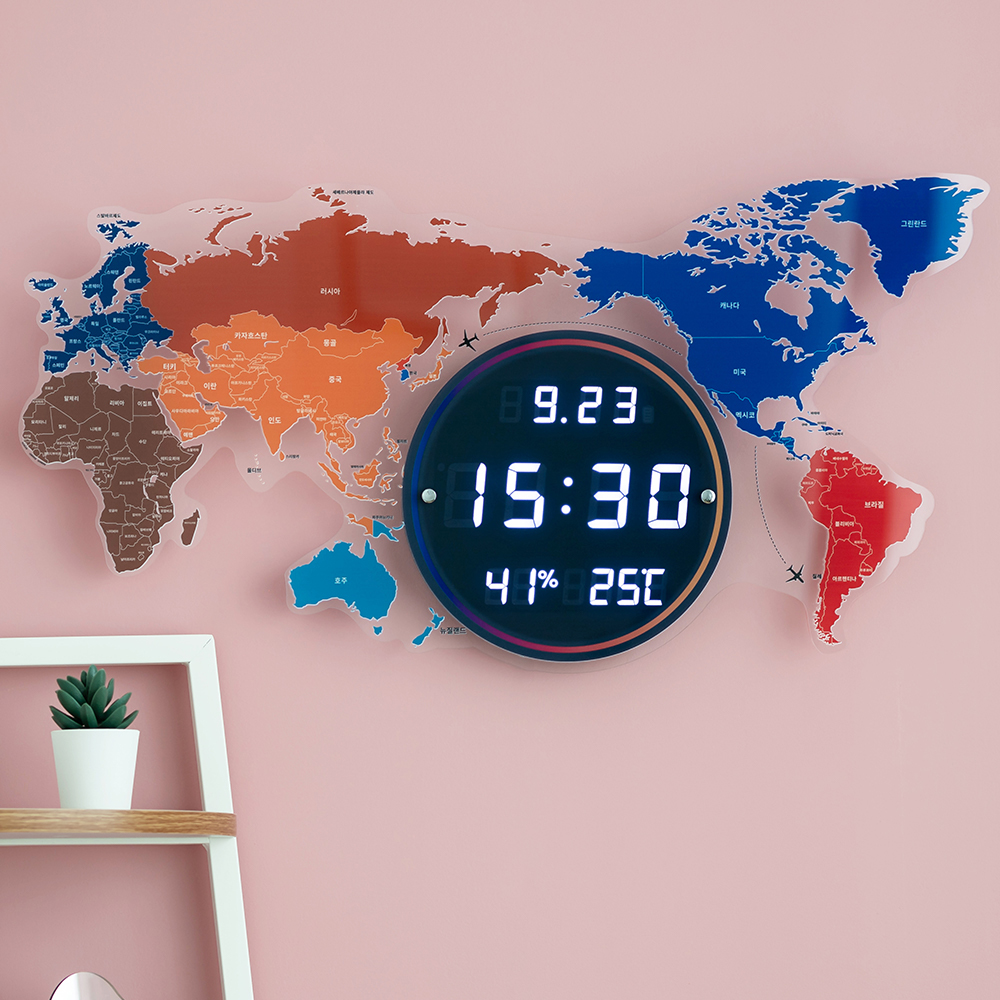 [차앤코코] [집들이선물] 세계지도 인테리어 led벽시계 70cm(컬러, 블랙)